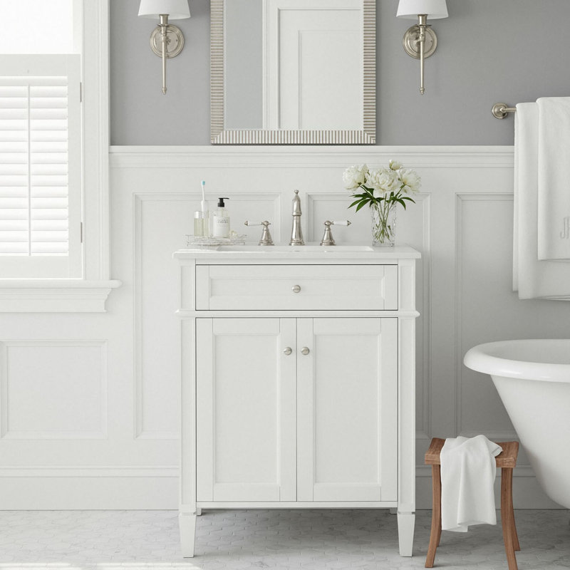 Meuble-lavabo autoportant de 24 po avec lavabo en céramique, armoire de rangement de salle de bain avec 1 tiroir basculant et 2 portes à fermeture en douceur avec organisateurs
