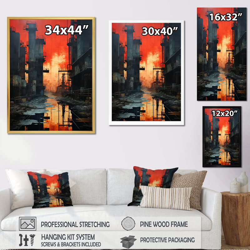 Échos de l'usine cramoisie sur toile, Cadre flottant doré, H 40 po x l 30 po x P 1,5 po