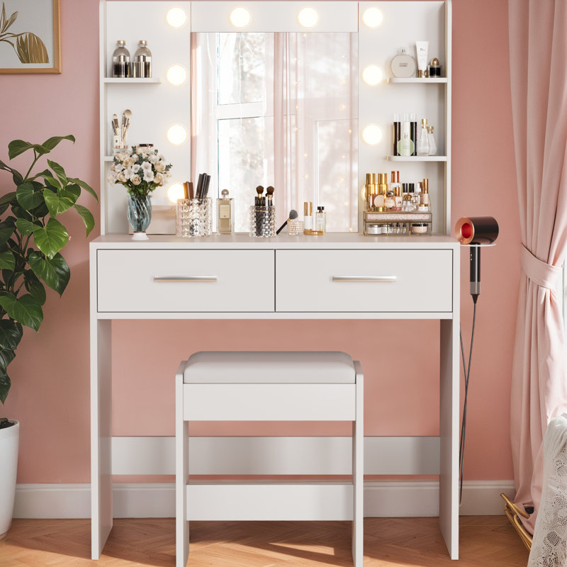 Bureau de maquillage avec miroir lumineux et prise de courant, coiffeuse avec tabouret, Blanc