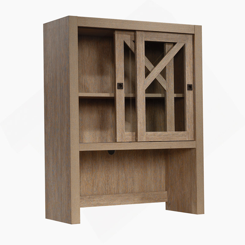 Library Hutch With Adjustable Shelves And Sliding Glass Doors For Versatile Display And Storage.