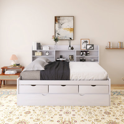 Wood Frame Full Captain Bed With Three Storage Drawers And Trundle