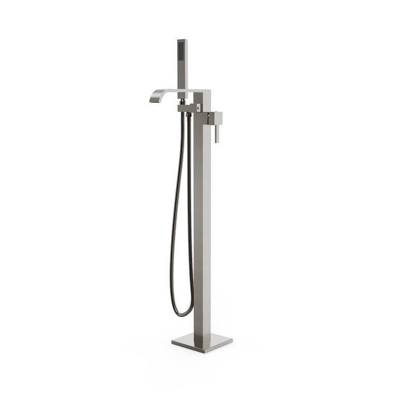 Freestanding Floor Mounted Bathroom Waterfall Tub Filler Single Handle with Hand Shower, Brushed Nickel