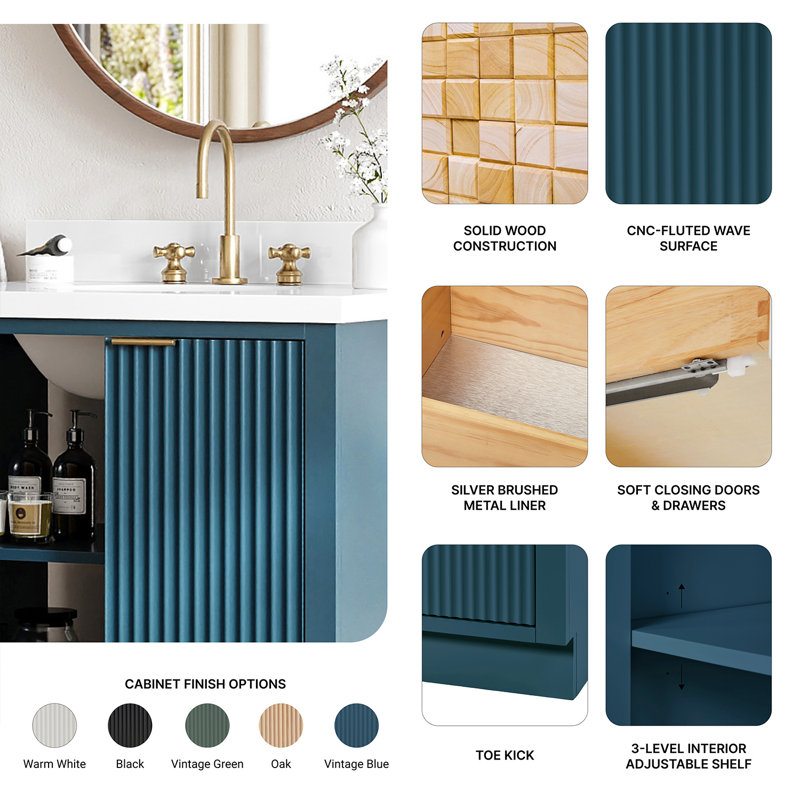 Meuble-lavabo simple en bois massif 30 po avec plateau en marbre de Carrare 1,5 po Haun, Rectangulaire, Bleu rétro