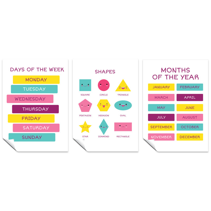 Days Months And Shapes Educational Classroom - 3 Piece No Frame Print Set, 42cm H x 29.7cm W