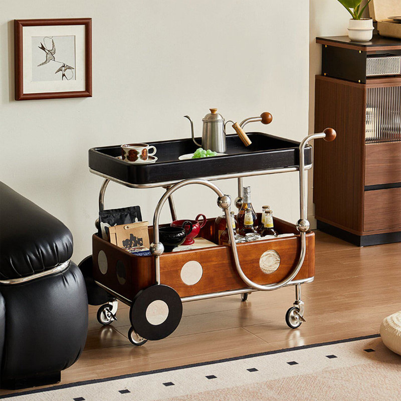 27.56" Vintage Double‑Tier Solid Wood Metal Rolling Serving Cart