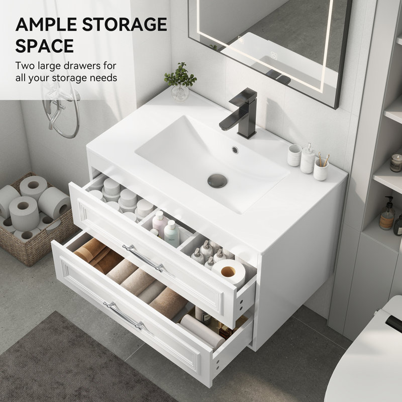 Single Bathroom Vanity Set With Ceramic Sink Top, White, 24"