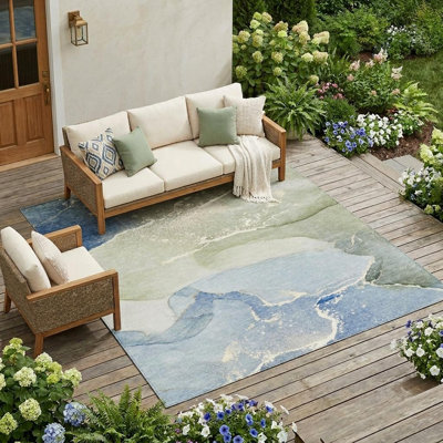 10' X 14' Blue and Green Abstract Washable Indoor Outdoor Area Rug
