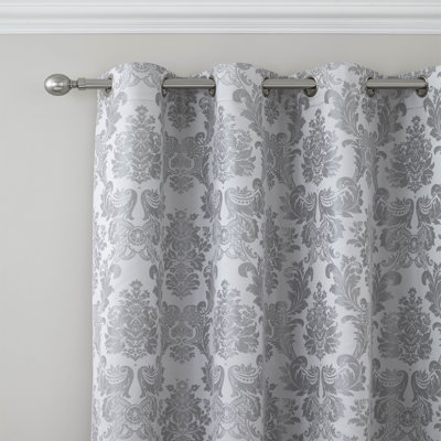 Damask Jacquard Lined Eyelet Curtains Silver Grey