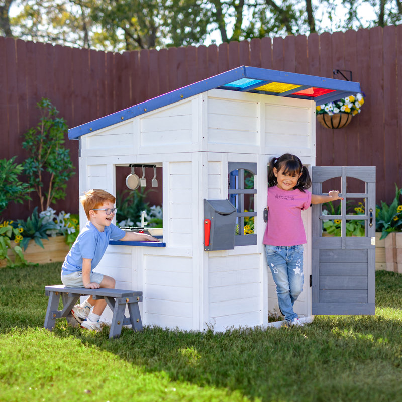 Teamson Kids Rainbow Shade Outdoor Wooden Playhouse With Kitchen, Flower Box & Bench, White