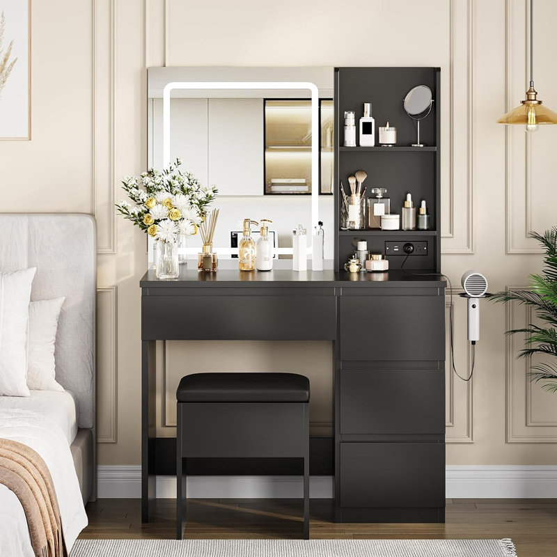 Meuble-lavabo avec miroir à DEL 3 couleurs et station de charge, ensemble de coiffeuse avec 4 tiroirs, tabouret de rangement, tablettes ouvertes et support pour sèche-cheveux, noir