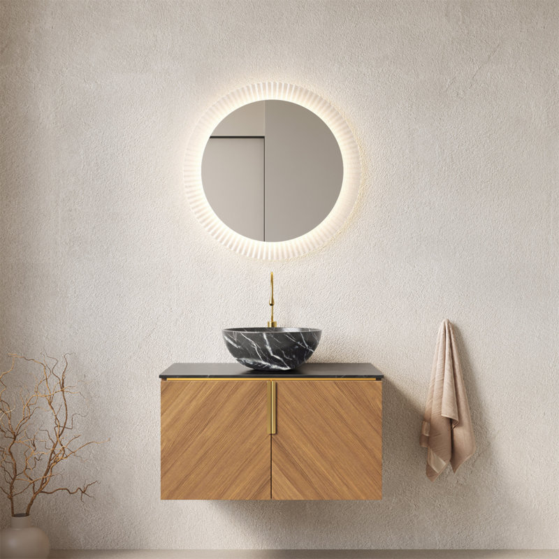 Meuble-lavabo 30 po, meuble-lavabo flottant en contreplaqué avec double comptoir en pierre frittée et cuve en céramique noire
