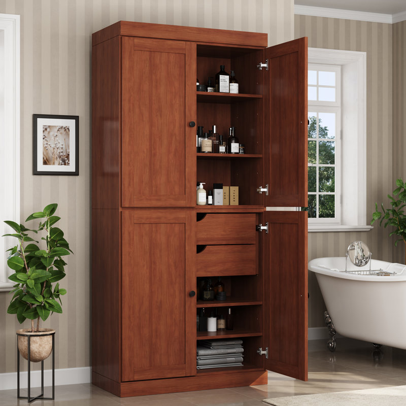 Armoire de rangement 100% bois massif 32 po avec portes Shaker, 2 tiroirs et tablettes réglables, Moka