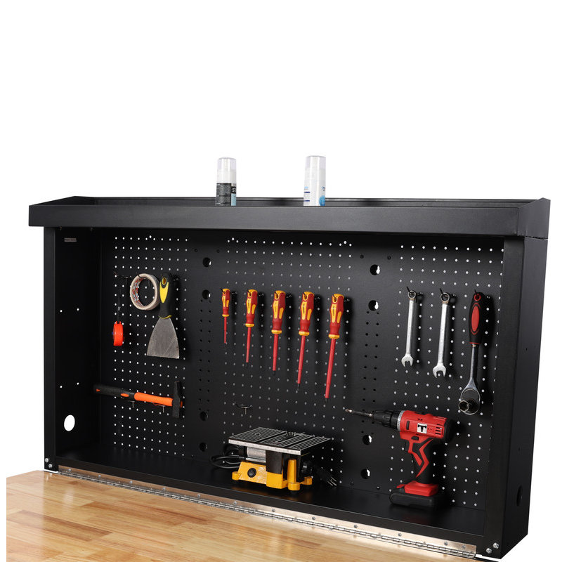 Établi mural pliable, établi de garage robuste avec surface de travail en bois d'hévéa et panneau perforé pour le rangement des outils