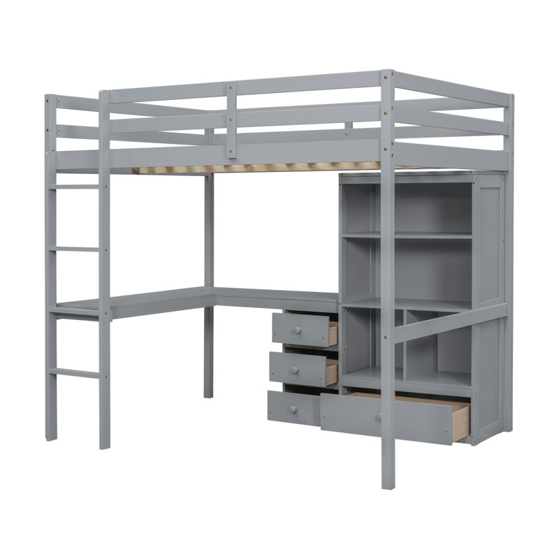 Lit mezzanine en bois massif Kasra Kids avec bureau, Ã©tagÃ¨res de rangement et tiroirs, gris