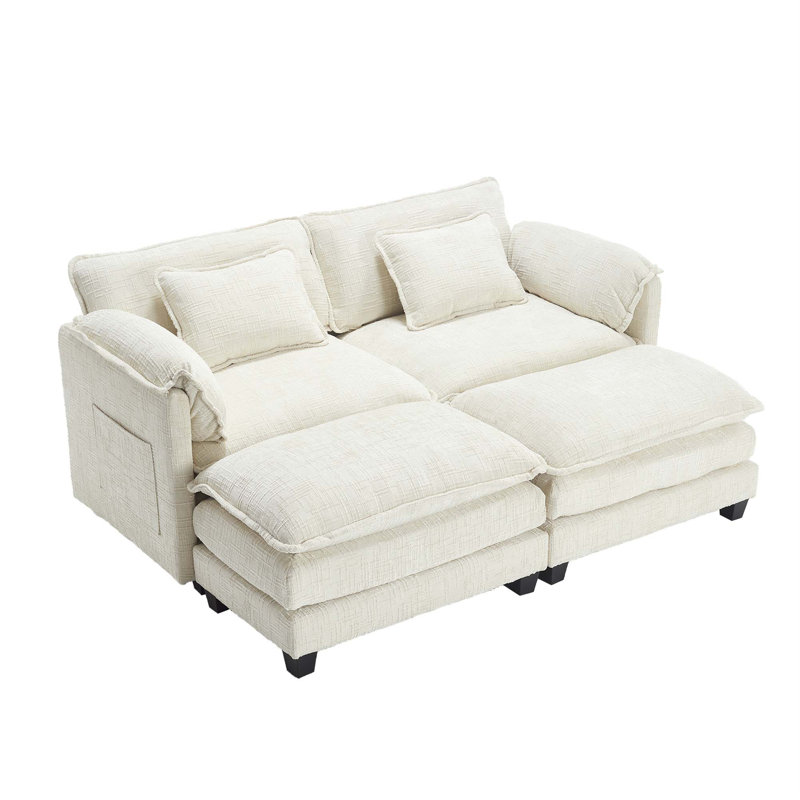 Zuri Chenille Fabric Upholstered 2-Seater Sectional Sofa with Ottomans, Beige Chenille