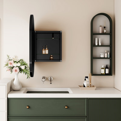 Armoire murale de salle de bain 20 po x 34 po, ovale encastrée, cadre en métal noir mat avec miroir et tablettes réglables, unité de rangement ovale facile à installer, unité fonctionnelle