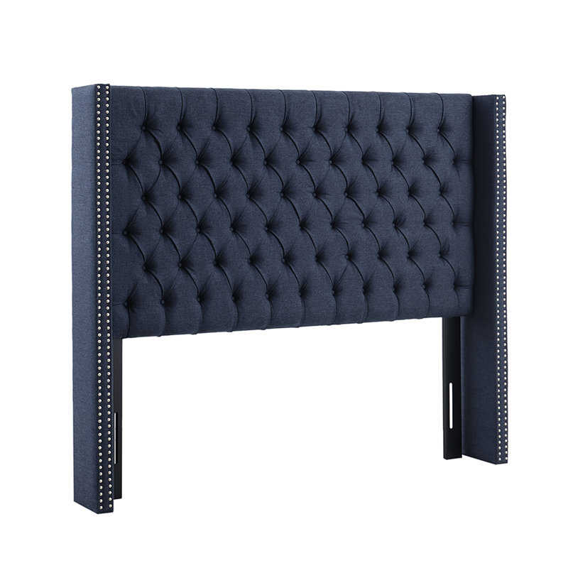 Tête de lit tapissier glamour pour grand lit, bouton avec garniture cloutée double, bleu marine, tête de lit grand avec pieds en métal noir réglables, décor, hauteur,