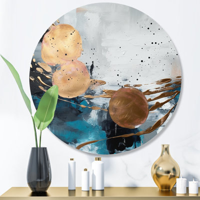 Marbre doré et vert audacieux - art abstrait rond en marbre sur métal