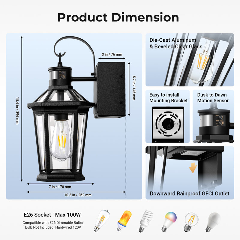 5 Modes Porch Lights Outdoor with GFCI Outlet, Black Motion Sensor Outdoor Wall Lantern