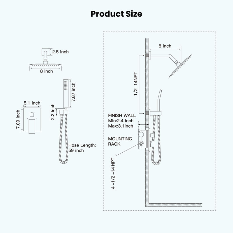 8-Inch Square Rain Shower Head, Handheld Shower, 59-Inch Shower Hose, Shower Arm, Handheld Holder, Matte Black