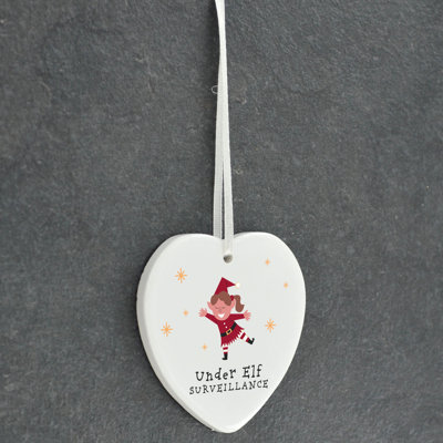 Xmas Under Elf Surveillance Heart Shaped Ceramic Ornament