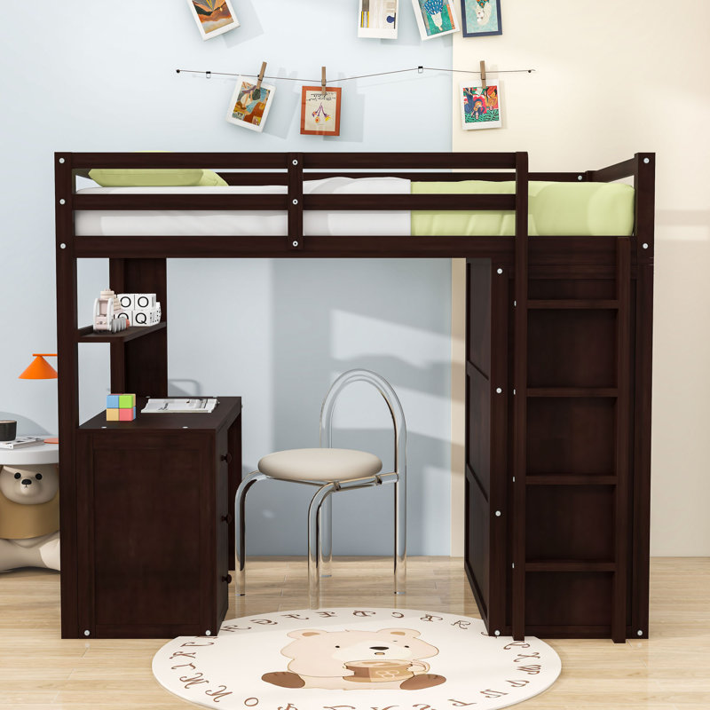 Lit mezzanine avec bureau, tiroirs et garde-robe, Simple, Espresso