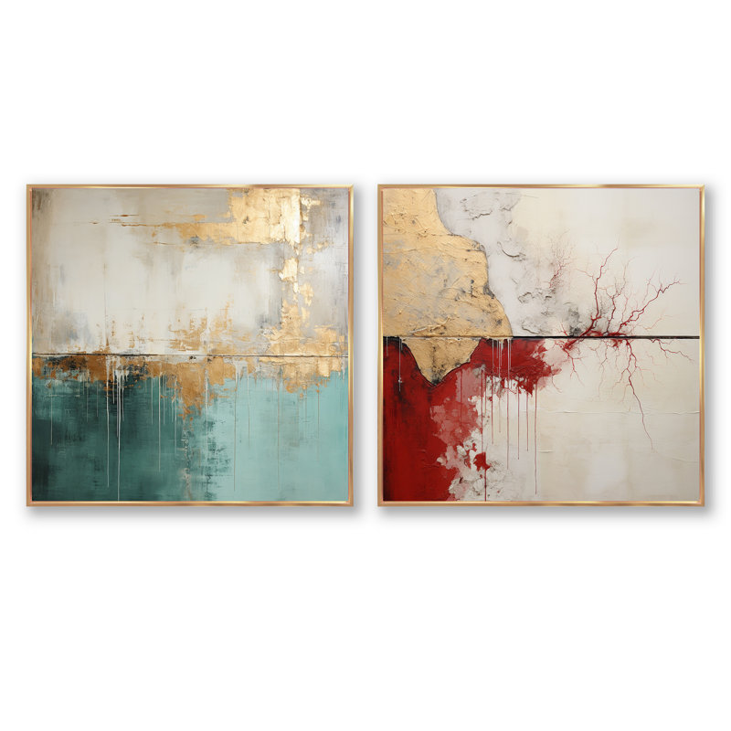 Minimalisme - horizon doré et bleu sarcelle - ensemble de 2 collages abstraits carrés, Cadre flottant doré, H 16 po x l 33 po