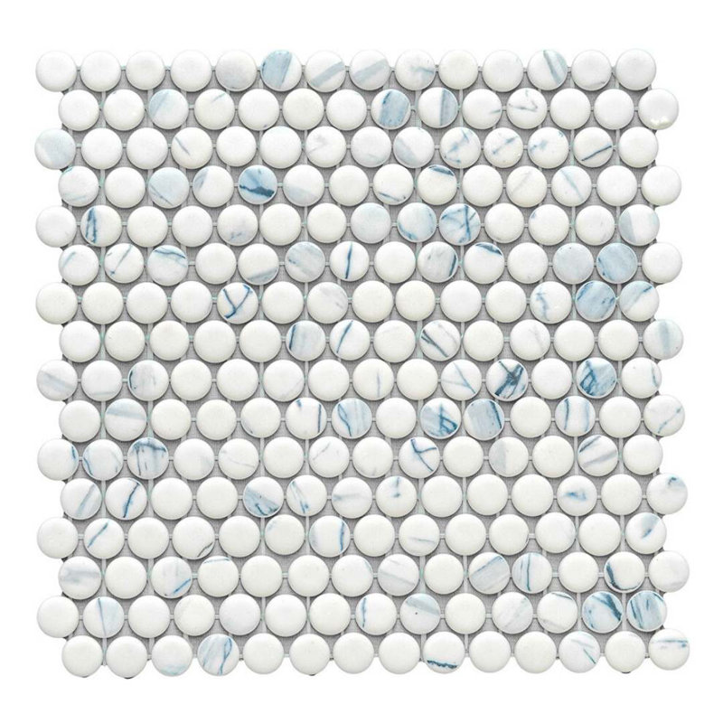 Eterna Penny 12"x12" Recycled Glass Mosaic Tile, Calacatta Blue