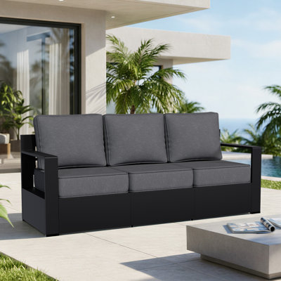 Modern Outdoor Aluminum Patio 3-Seater Sofa with Durable All-weather Thick Beige Cushions by Wrought Studio