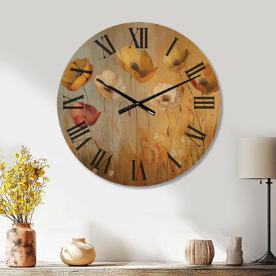 Horloge murale grande taille style ferme « Prairie de coquelicots ensoleillée II », imprimée sur bois