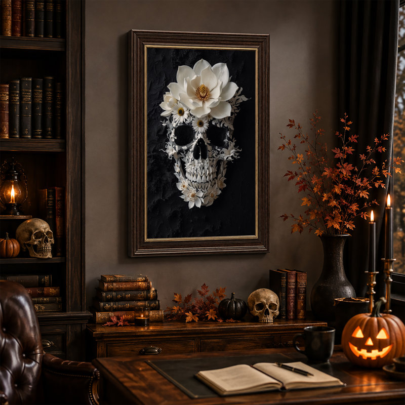 Art mural sur toile, crâne blanc avec magnolias sur fond noir, H 24 po x l 16 po