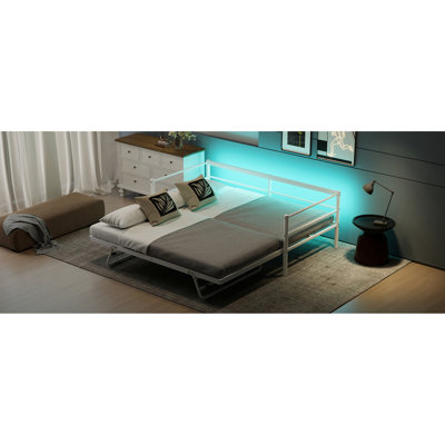 Lit de jour simple en métal avec finition blanche, DEL et lit gigogne, accolades sur lit gigogne pour faciliter l'installation du lit, fabrication solide avec lit réglable en acier robuste, idéal pour les invités