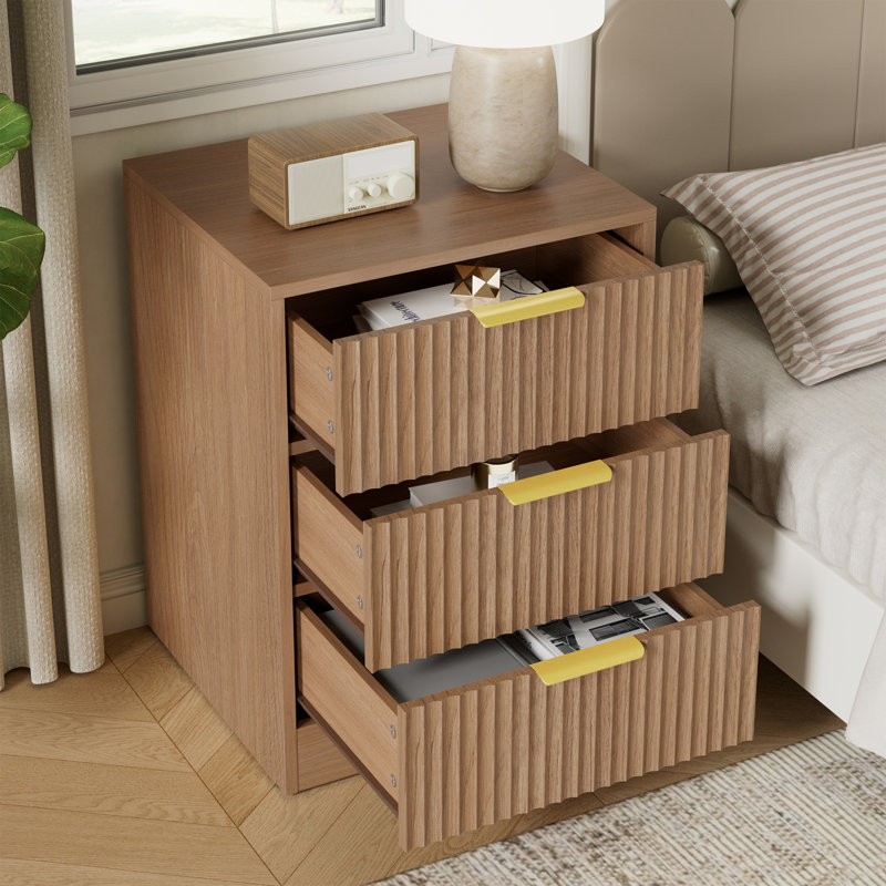 Table de chevet cannelée avec 3 tiroirs de rangement, 3, Brown