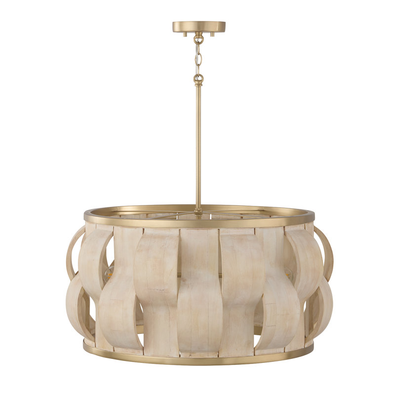 27" W x 13.5" H 4-Light Handcrafted Drum Pendant in Matte Brass with Hand-carved Bleached Mango Wood Panels, 27"W x 13.5"H