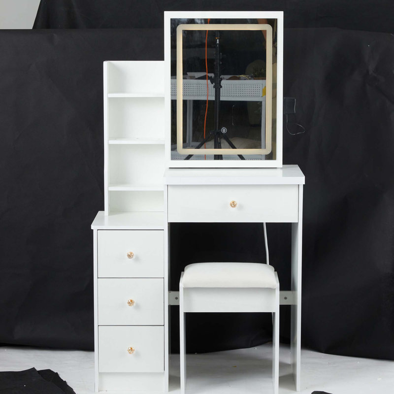 Petite coiffeuse 29,2 po avec tabouret de chevet gauche + tabouret rembourré, 2 blocs d'alimentation CA + 2 ports USB, support pour sèche-cheveux, très grand miroir à DEL coulissant à contrôle tactile, changement de couleur tricolore, réglage de la luminosité