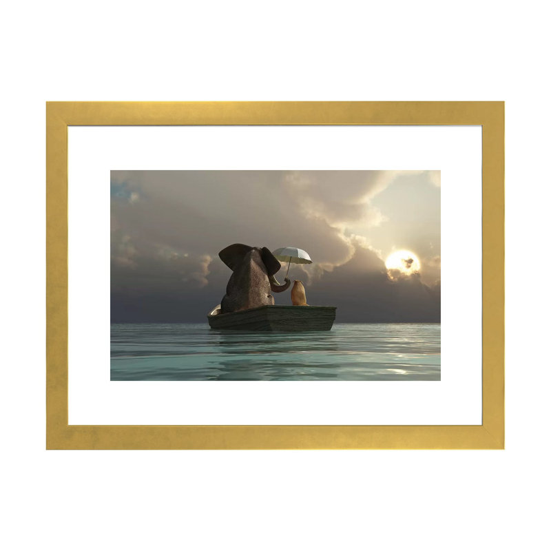 «Elephant and Dog Are Floating In A Boat» - reproduction, H 24 po x l 32 po x P 1 po, Papier beaux-arts encadré doré