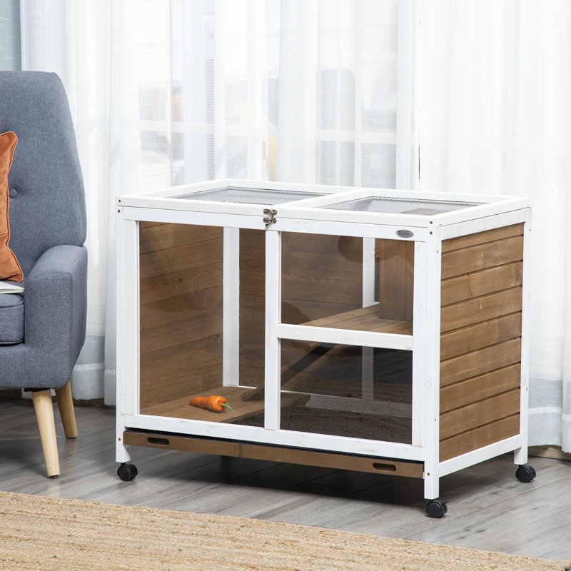 Indoor Rabbit Cage With Wheels, Desk And Side Table Sized, Waterproof Brown Wood For Caring Rabbits, Compact Property & Little Nature