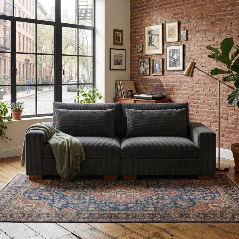 Kitson 89'' Recessed Arms Modular Sofa, Black Corduroy