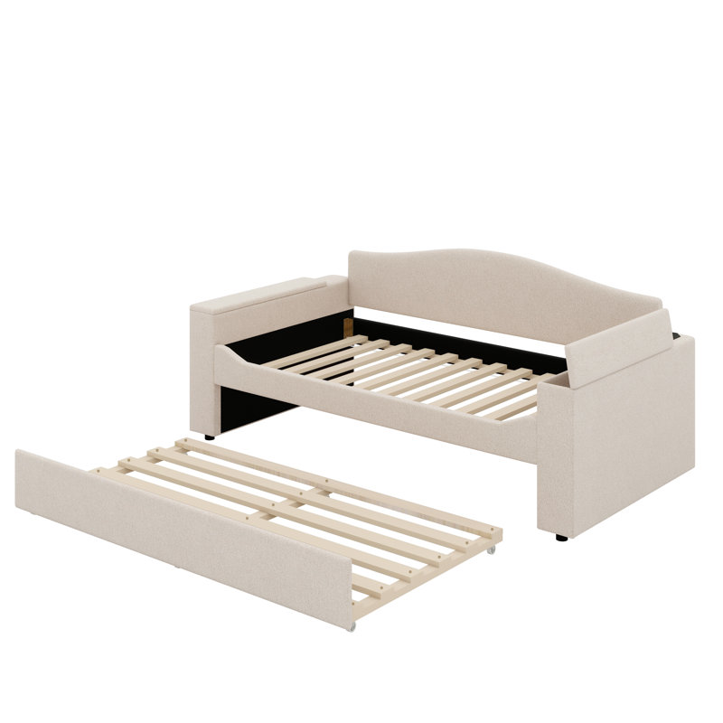Twin Size Upholstered Daybed With Storage Armrests, Trundle And Bluetooth Audio System, Beige