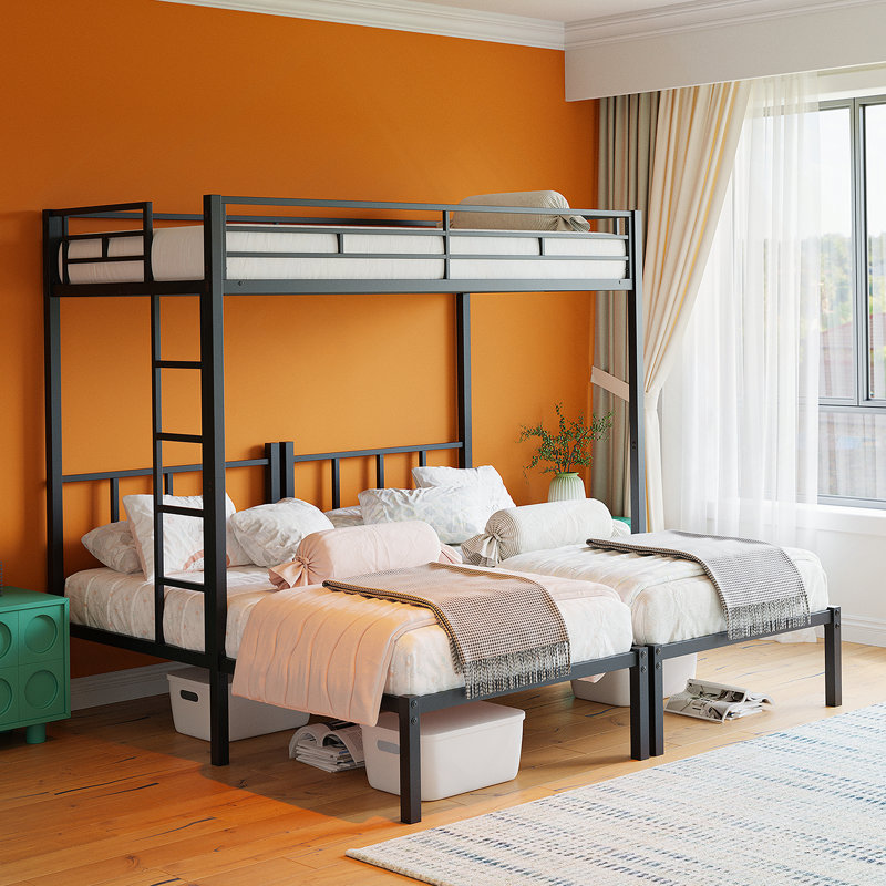 Twin Over Twin Over Twin Bunk Bed, Metal Triple Twin Bed with Safety Guardrails and Ladder, Convertible 3 Beds, for Dorm,Guest Room, No Boxing Spring Needed, Black