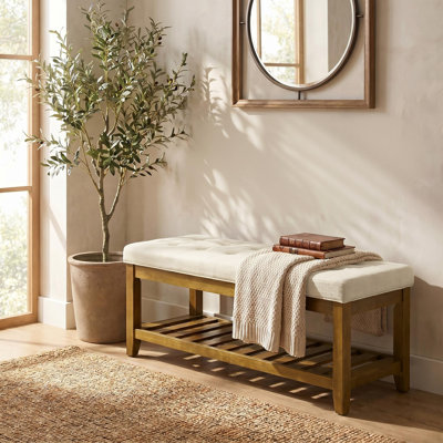 Banc de rangement rembourré de 113 cm (44,5 po) avec couvercle relevable et tablette ouverte