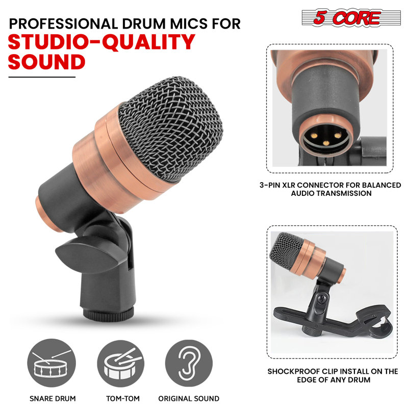 5 Core Snare Microphone XLR Wired Uni Directional Tom Drum and Other Musical Instrument Mic 