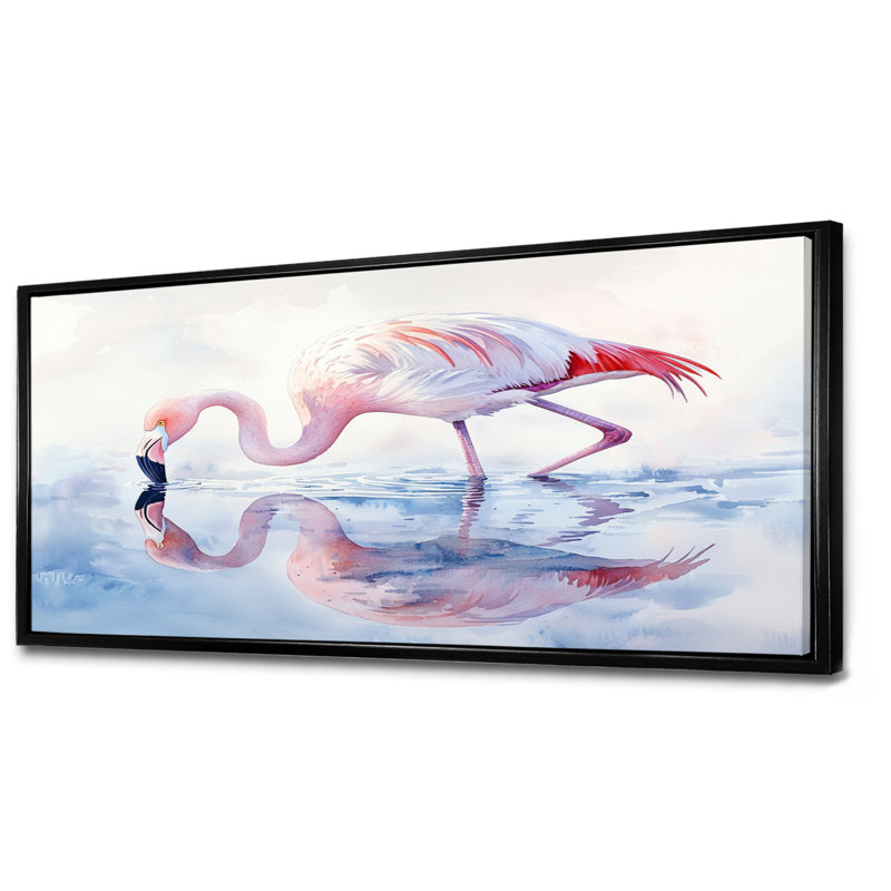 Flamingo Reflections - art mural flamant, Noir, H 28 po x l 60 po, Cadre flottant