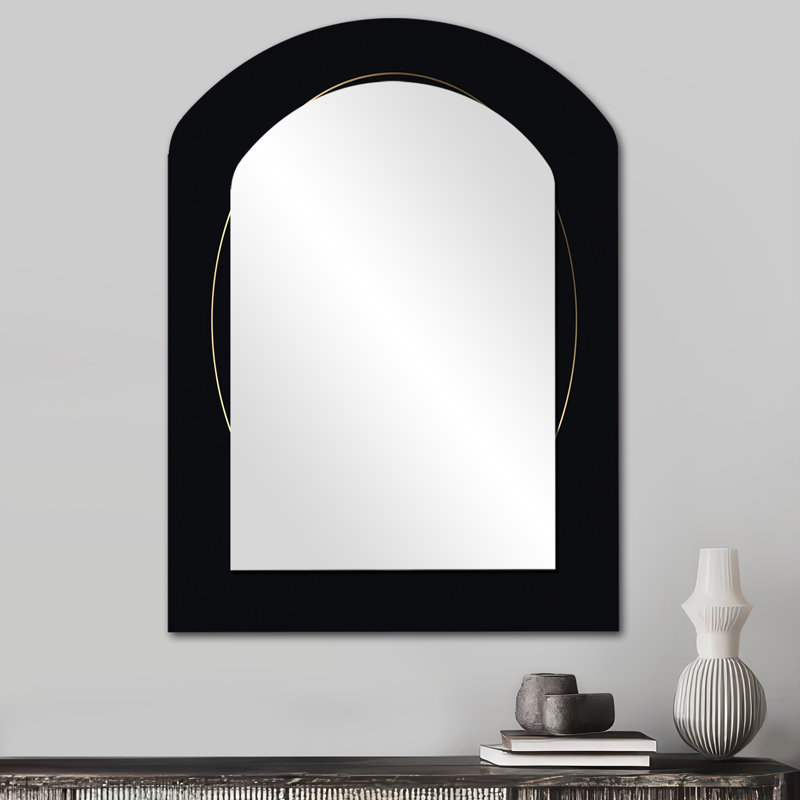 Or, géométrie sacrée Visions sur noir - grand miroir mural arqué, miroir décoratif asymétrique doré, impression d'art en métal