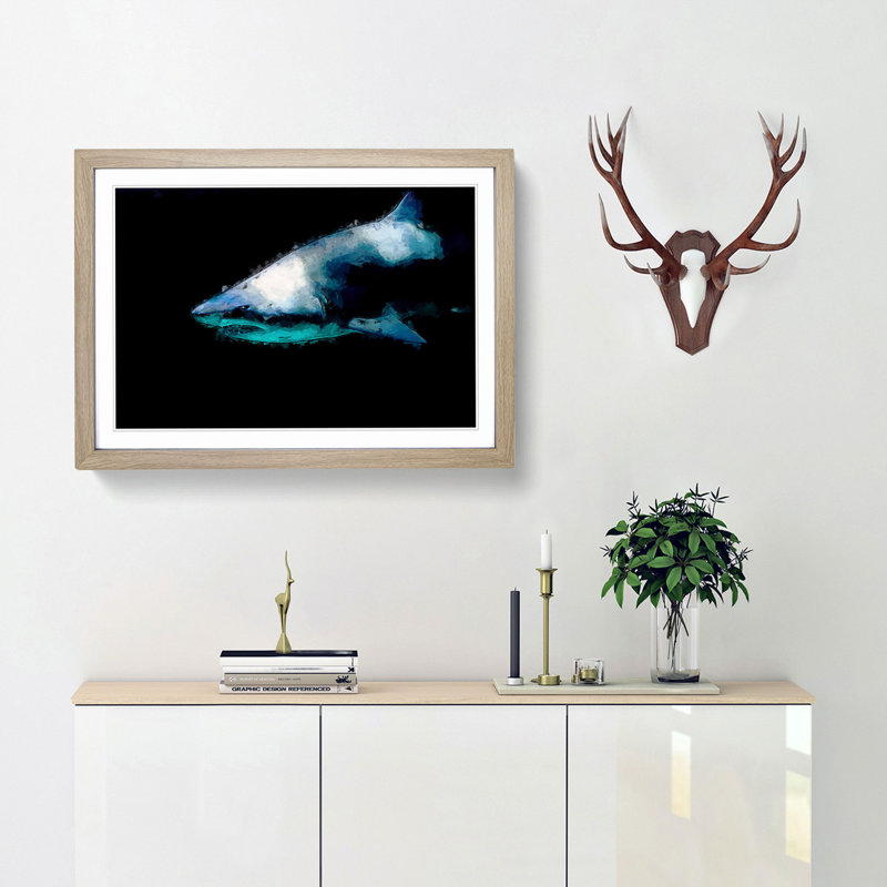 Shark in the Shadows - Picture Frame Graphic Art Print, 40cm H x 60cm W x 2cm D, Oak