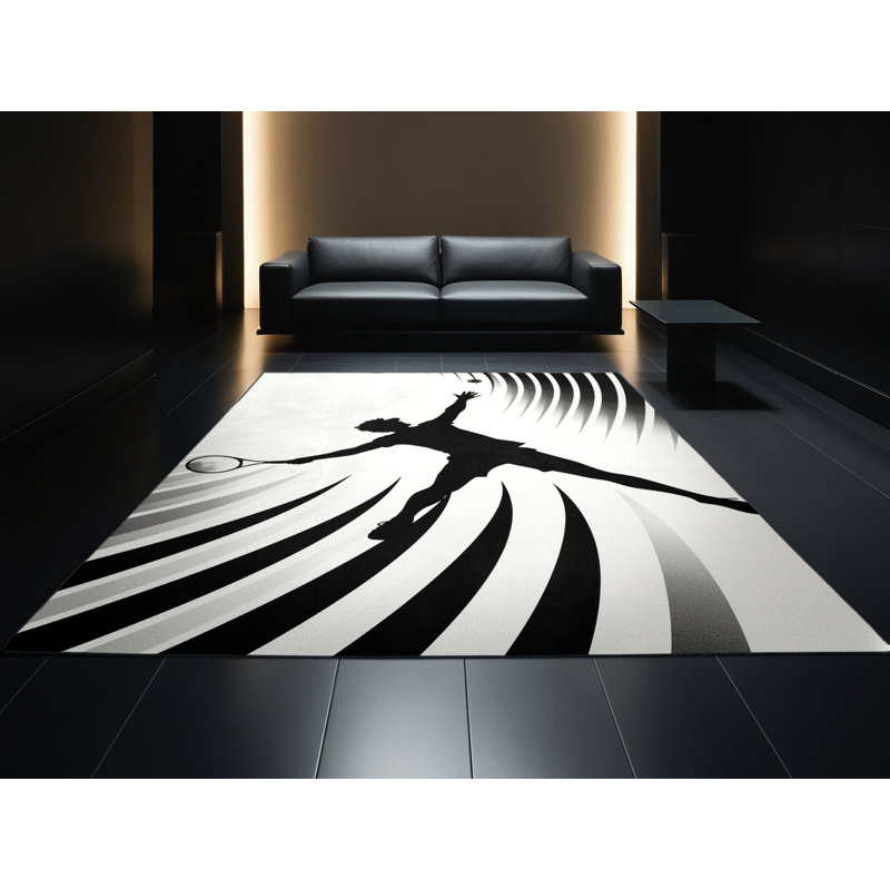 Machine Washable Medford Tennis Serve Pose Sleek & Chic Modern Arc Rug in White – Black Binding, 6x9