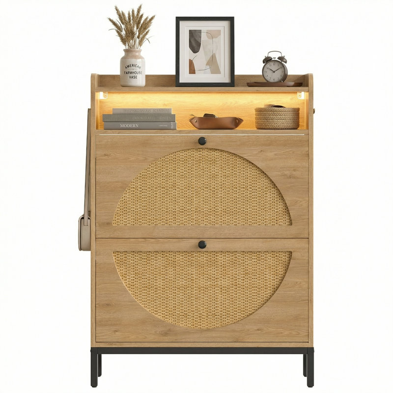 Shoe Cabinet With Led Light Strip, 44.6-inch Tall Rattan Shoe Cabinet With 2 Flip Drawers, Removable Inserts, Side Hooks, Anti-tip Brackets, Natural