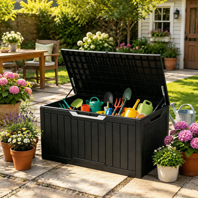 Boîte de terrasse extérieure en résine résistante aux intempéries verrouillable 100 gallons Edrosie Inc