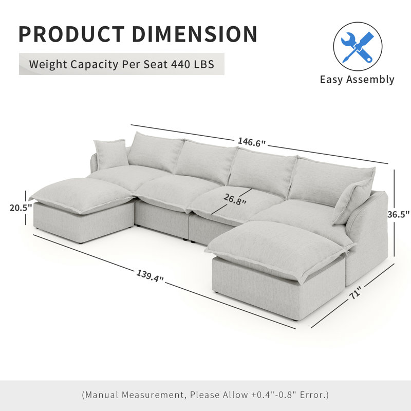 Modular Sectional Couch Down Filled Sofa, Comfty Convertible Deep Seat Cloud Couch For Living Room, Detachable Washable Couches Cushion Covers