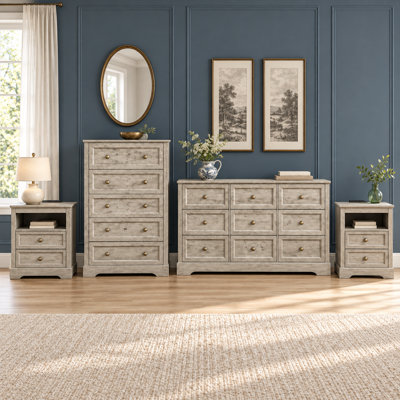 Ensemble de chambre à coucher 4 pièces comprenant une commode à 9 tiroirs, une commode à 5 tiroirs et 2 tables de chevet.